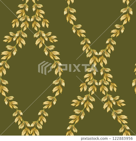 Rhomboid branches seamless pattern on green background. Hand drawn watercolor botanical surface with textured foliage. Perfect for the wallpaper and textile and modern designs. 122883956
