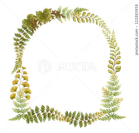 Arch wreath with fern leaves botanical card template in earth tone. Hand drawn watercolor elegant floral frame. Perfect for the use of ecological material and sustainable designs. 122883958