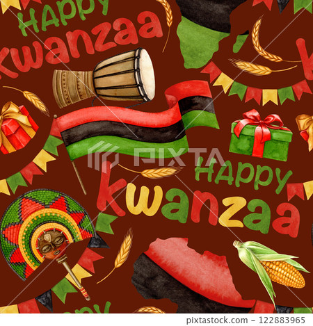 Happy Kwanzaa seamless pattern of Pan African flag, map and drum with gifts. Hand drawn watercolor holiday illustration of traditional symbol. Isolated drawing for African-American designs. Happy Kwanzaa seamless pattern of Pan African flag, map and drum with gifts. Hand drawn watercolor holiday illustration of traditional symbol. Isolated drawing for African-American designs. 122883965