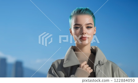 Confident Nonbinary Individual with Teal Hair in Androgynous Fashion Stands Out in Urban Street Style 122884050