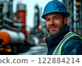 A construction worker in safety helmet and reflective vest smiles while standing at an industrial site. The background features machinery and structures under a cloudy sky. 122884214