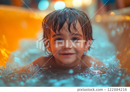 A young boy with wet hair and bright eyes smiles while swimming in a vibrant indoor pool. The setting is lively, filled with warm lights reflecting off the water. 122884216
