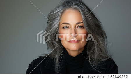 Close-up of confident mature woman with silver-gray hair, soft smile, and stylish black outfit, looking directly at the camera. A timeless beauty and elegance concept. 122884282