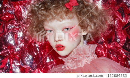 Close-up portrait of a young Asian woman with voluminous curly hair, bold pink makeup, and a red bow, set against a glittering red background. A stylish and artistic beauty concept. Close-up portrait of a young Asian woman with voluminous curly hair, bold pink makeup, and a red bow, set against a glittering red background. A stylish and artistic beauty concept. 122884283