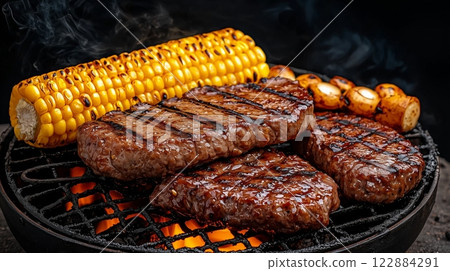 Grilled beef steaks with corn and mushrooms over charcoal fire 122884291