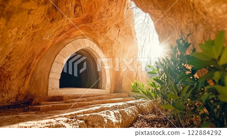 Empty stone tomb illuminated by warm sunlight, symbolizing resurrection, hope, and spiritual awakening. A sacred and peaceful atmosphere in a biblical setting. 122884292