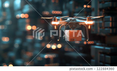 A drone delivering a package in a futuristic city filled with lights and advanced technology 122884360