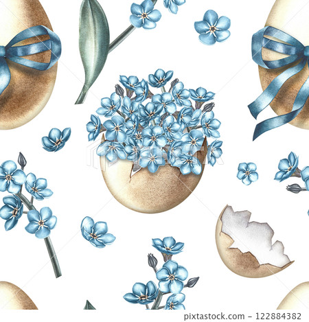 Easter seamless pattern with decorated eggs, blue ribbon and forget-me-nots. The illustration is done in watercolor by hand. For textiles, prints, wrapping paper, backgrounds. 122884382