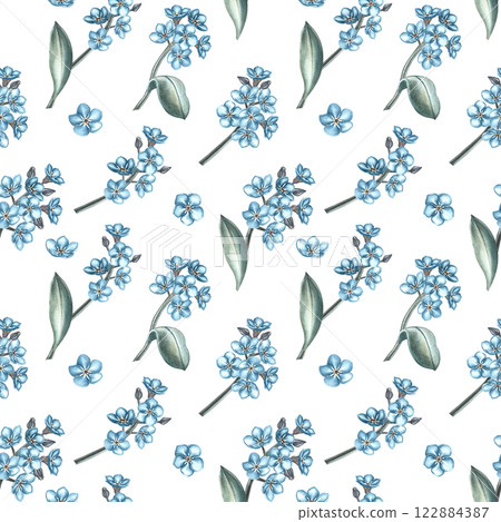 Seamless pattern with blue forget-me-not flowers. Handmade watercolor illustration. Great for textiles, wallpapers, prints, wrapping paper, backgrounds, and more. 122884387
