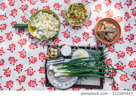 Vegan food on picnic blanket Vegan food on picnic blanket 122884447