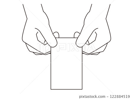 Illustration of a hand holding a vertical business card_with main lines_monochrome 122884519