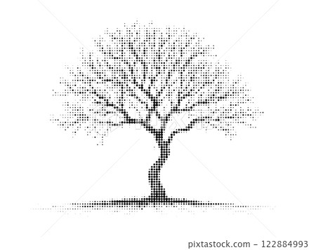 A stylized halftone illustration of a large tree with intricate branches depicted in a monochrome artistic design. 122884993