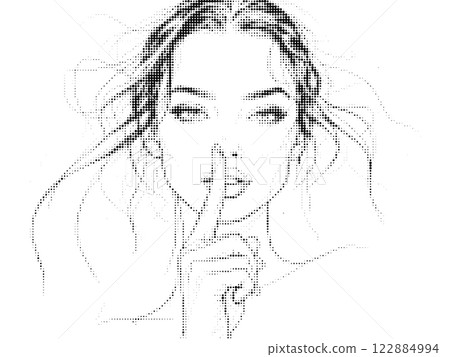 A stylized halftone portrait of a woman with flowing hair holding her finger to her lips in a gesture of silence. 122884994