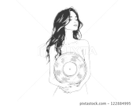 A stylized halftone illustration of a woman holding a vinyl record symbolizing music passion and retro nostalgia depicted in a monochrome artistic style. 122884995
