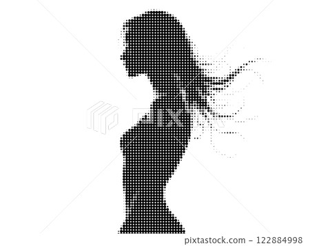 A stylized halftone silhouette of a woman with long flowing hair depicted in a monochrome artistic design. A stylized halftone silhouette of a woman with long flowing hair depicted in a monochrome artistic design. 122884998