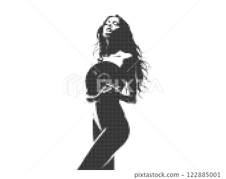 A stylized halftone illustration of a confident woman holding a basketball depicted in a monochrome artistic design. A stylized halftone illustration of a confident woman holding a basketball depicted in a monochrome artistic design. 122885001