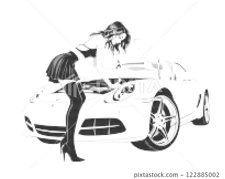A stylized halftone illustration of a fashionable woman in high heels leaning over a luxury sports car with an open hood depicted in a monochrome artistic style. 122885002