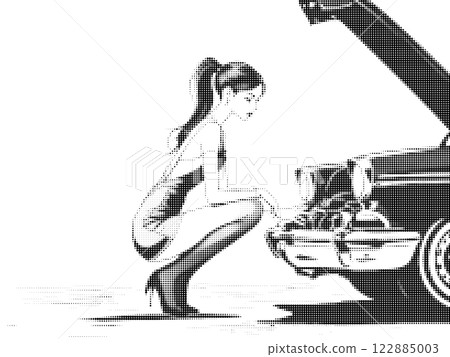 A stylized halftone illustration of a woman in high heels squatting to inspect the engine of a classic car with an open hood depicted in a monochrome artistic style. 122885003