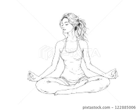 A stylized halftone illustration of a woman sitting in a meditative pose practicing mindfulness and relaxation depicted in a monochrome artistic design. 122885006