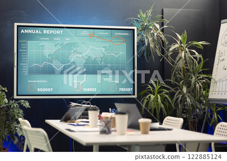 Professional interactive board in an empty conference room used for meetings and debates, space employed in corporations or global enterprises. Modern office with supplies and tools. 122885124