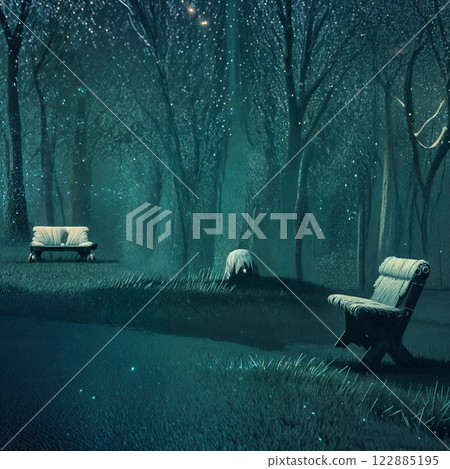 night landscape with a man sitting on a bench 122885195
