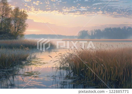 Serene Sunrise Over Misty Lake Serene Sunrise Over Misty Lake 122885771