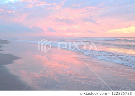 Pink Sunset Over Calm Ocean Waves 122885788