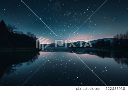 Starlit Night Sky Over Calm Lake 122885918