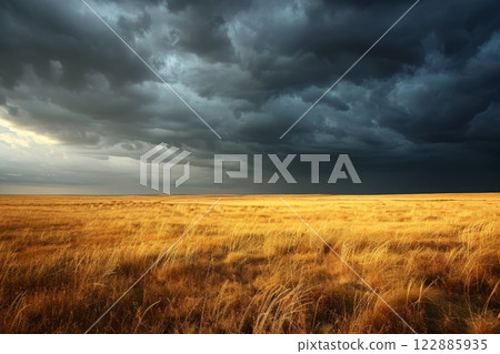 Expansive Golden Field Under Dramatic Sky 122885935