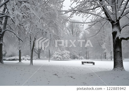 Snowy Park with Autumn Leaves 122885942