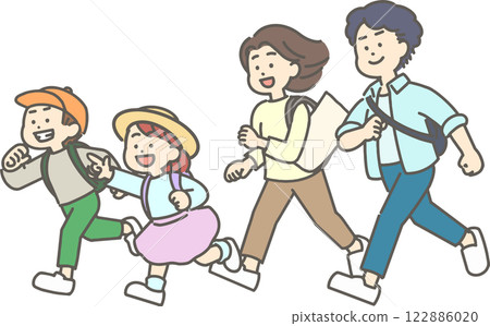 Illustration of a family with children running out with bags Illustration of a family with children running out with bags 122886020