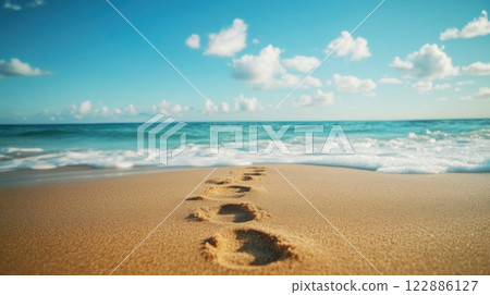 A beach with a sunset in the background and a line of footprints in the sand 122886127
