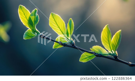 A leafy branch with green leaves is shown in the image 122886364