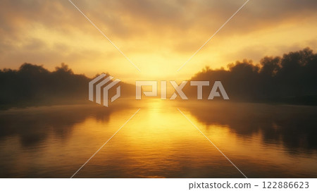 A beautiful sunset over a river with a foggy mist in the background 122886623