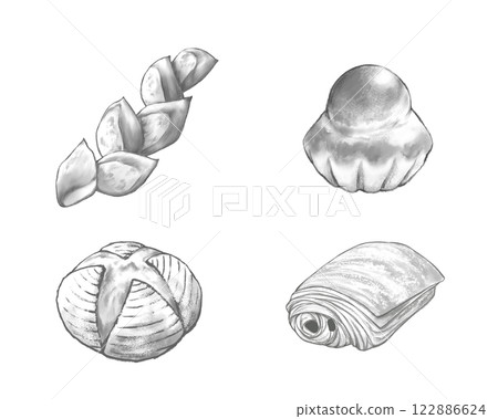 法國麵包的逼真的單色插圖集 122886624
