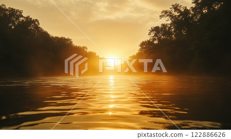 The sun is setting over a body of water, casting a warm glow over the trees 122886626