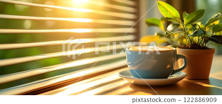 Morning coffee with latte art on a wooden table next to a potted plant. Perfect for promoting a cafe or creating a relaxing atmosphere on social media. It gives a feeling of warmth start to the day. Morning coffee with latte art on a wooden table next to a potted plant. Perfect for promoting a cafe or creating a relaxing atmosphere on social media. It gives a feeling of warmth start to the day. 122886909