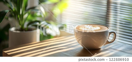 Morning coffee with latte art on a wooden table next to a potted plant. Perfect for promoting a cafe or creating a relaxing atmosphere on social media. It gives a feeling of warmth start to the day. Morning coffee with latte art on a wooden table next to a potted plant. Perfect for promoting a cafe or creating a relaxing atmosphere on social media. It gives a feeling of warmth start to the day. 122886910
