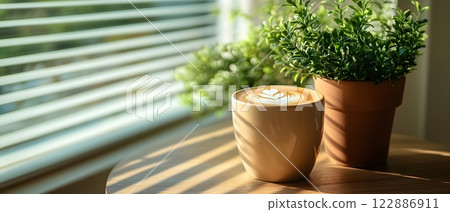 Morning coffee with latte art on a wooden table next to a potted plant. Perfect for promoting a cafe or creating a relaxing atmosphere on social media. It gives a feeling of warmth start to the day. 122886911