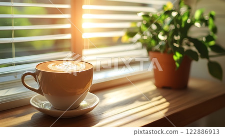 Morning coffee with latte art on a wooden table next to a potted plant. Perfect for promoting a cafe or creating a relaxing atmosphere on social media. It gives a feeling of warmth start to the day. Morning coffee with latte art on a wooden table next to a potted plant. Perfect for promoting a cafe or creating a relaxing atmosphere on social media. It gives a feeling of warmth start to the day. 122886913