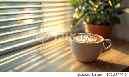 Morning coffee with latte art on a wooden table next to a potted plant. Perfect for promoting a cafe or creating a relaxing atmosphere on social media. It gives a feeling of warmth start to the day. Morning coffee with latte art on a wooden table next to a potted plant. Perfect for promoting a cafe or creating a relaxing atmosphere on social media. It gives a feeling of warmth start to the day. 122886914