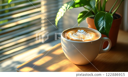 Morning coffee with latte art on a wooden table next to a potted plant. Perfect for promoting a cafe or creating a relaxing atmosphere on social media. It gives a feeling of warmth start to the day. 122886915