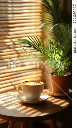 Morning coffee with latte art on a wooden table next to a potted plant. Perfect for promoting a cafe or creating a relaxing atmosphere on social media. It gives a feeling of warmth start to the day. 122886917