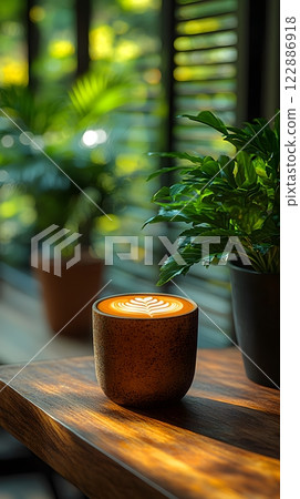 Morning coffee with latte art on a wooden table next to a potted plant. Perfect for promoting a cafe or creating a relaxing atmosphere on social media. It gives a feeling of warmth start to the day. Morning coffee with latte art on a wooden table next to a potted plant. Perfect for promoting a cafe or creating a relaxing atmosphere on social media. It gives a feeling of warmth start to the day. 122886918