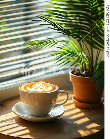 Morning coffee with latte art on a wooden table next to a potted plant. Perfect for promoting a cafe or creating a relaxing atmosphere on social media. It gives a feeling of warmth start to the day. 122886925