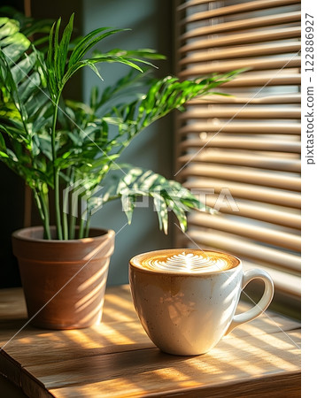 Morning coffee with latte art on a wooden table next to a potted plant. Perfect for promoting a cafe or creating a relaxing atmosphere on social media. It gives a feeling of warmth start to the day. 122886927