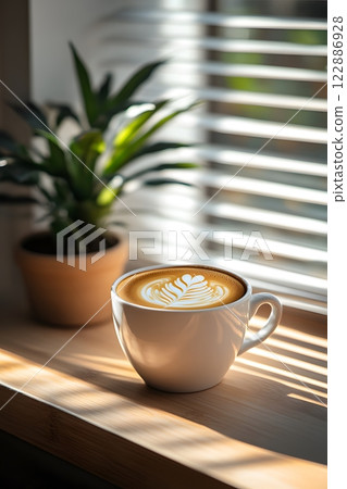 Morning coffee with latte art on a wooden table next to a potted plant. Perfect for promoting a cafe or creating a relaxing atmosphere on social media. It gives a feeling of warmth start to the day. Morning coffee with latte art on a wooden table next to a potted plant. Perfect for promoting a cafe or creating a relaxing atmosphere on social media. It gives a feeling of warmth start to the day. 122886928