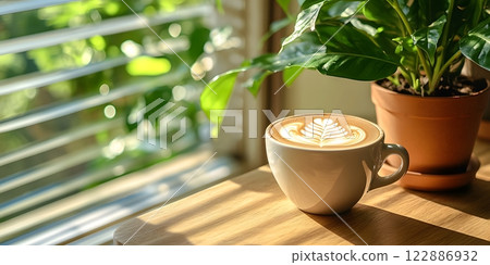 Morning coffee with latte art on a wooden table... - Stock Illustration ...