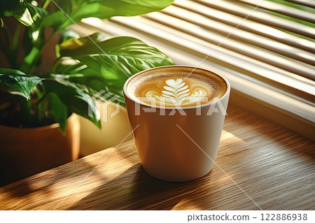 Morning coffee with latte art on a wooden table... - Stock Illustration ...