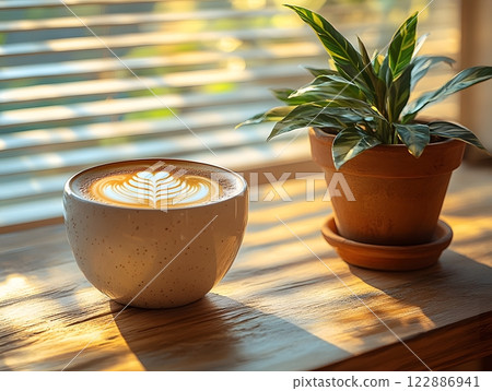 Morning coffee with latte art on a wooden table... - Stock Illustration ...